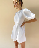 Puff Sleeve Irregular Ruffle Mini Dress Green Pleated Ladies Dresses