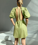 Puff Sleeve Irregular Ruffle Mini Dress Green Pleated Ladies Dresses