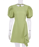 Puff Sleeve Irregular Ruffle Mini Dress Green Pleated Ladies Dresses