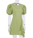 Puff Sleeve Irregular Ruffle Mini Dress Green Pleated Ladies Dresses
