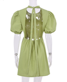 Puff Sleeve Irregular Ruffle Mini Dress Green Pleated Ladies Dresses