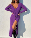 Sexy Long Sleeve V-Neck Knitted Dress Women Single-Breasted Long Dress