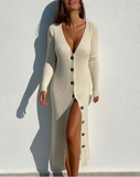 Sexy Long Sleeve V-Neck Knitted Dress Women Single-Breasted Long Dress