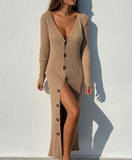 Sexy Long Sleeve V-Neck Knitted Dress Women Single-Breasted Long Dress