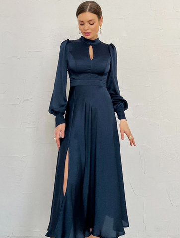 Navy Hollow Out Woman Satin Midi Party Dress Autumn Lantern Sleeves Sliky Keyhole Dress