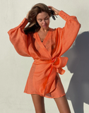 Lace-Up Bow Orange Linen Dress Summer Lantern Sleeve Irregular Tunic Dresses