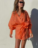 Lace-Up Bow Orange Linen Dress Summer Lantern Sleeve Irregular Tunic Dresses