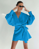 Lace-Up Bow Orange Linen Dress Summer Lantern Sleeve Irregular Tunic Dresses
