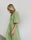 Green Robe V-Neck Puff Sleeve Wrap Dress Lady Dress Summer Loose Dress