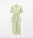 Green Robe V-Neck Puff Sleeve Wrap Dress Lady Dress Summer Loose Dress