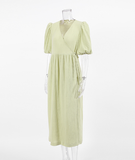 Green Robe V-Neck Puff Sleeve Wrap Dress Lady Dress Summer Loose Dress