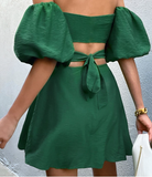 Women Puff Sleeve Backless Sexy Dress Summer Ladies High Waist A-Line Pink Dresses
