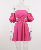 Women Puff Sleeve Backless Sexy Dress Summer Ladies High Waist A-Line Pink Dresses