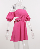 Women Puff Sleeve Backless Sexy Dress Summer Ladies High Waist A-Line Pink Dresses