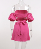 Women Puff Sleeve Backless Sexy Dress Summer Ladies High Waist A-Line Pink Dresses