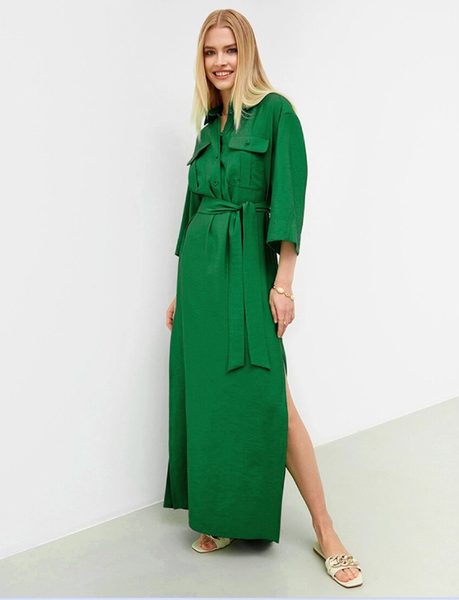 Women Long Wrap Dresses Autumn Belt Fashion Office Ladies Dress A-Line Slit Dress