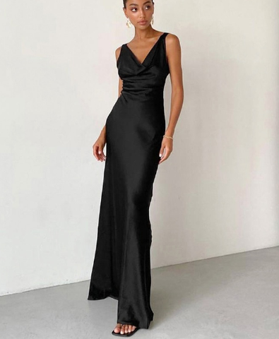 V-Neck Women Black Satin Formal Dress Sleeveless Floor-Length Sexy Bodycon Dresses