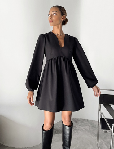 Long Sleeve Women Evening Elegant Autumn Mini Dress Sexy V-Neck Pleated Little Black Dress