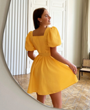Puff Sleeve A-Line Short Dress Summer Chic Ruched Dress Crepe High Waisted Dresses