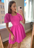 Puff Sleeve A-Line Short Dress Summer Chic Ruched Dress Crepe High Waisted Dresses