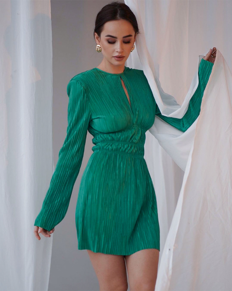 Long Sleeve Eyelet Elegant Dress Ladies Back Keyhole Spring Elastic Female Dress
