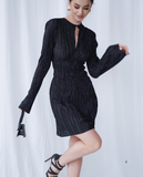 Long Sleeve Eyelet Elegant Dress Ladies Back Keyhole Spring Elastic Female Dress