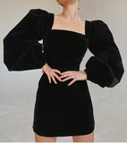 Winter Black Sexy Bodycon Dress Square Collar Mini Party Pencil Dresses