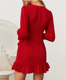 Elegant Lantern Sleeve Women Ruffle Dress Bodycon Fashion Ladies Round Neck Dress