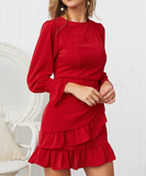 Elegant Lantern Sleeve Women Ruffle Dress Bodycon Fashion Ladies Round Neck Dress
