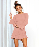 Elegant Lantern Sleeve Women Ruffle Dress Bodycon Fashion Ladies Round Neck Dress
