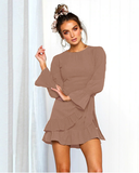 Elegant Lantern Sleeve Women Ruffle Dress Bodycon Fashion Ladies Round Neck Dress