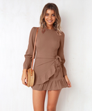 Elegant Lantern Sleeve Women Ruffle Dress Bodycon Fashion Ladies Round Neck Dress