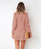 Elegant Lantern Sleeve Women Ruffle Dress Bodycon Fashion Ladies Round Neck Dress