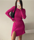Winter Woman Knitted Dress Office Ladies Turtleneck Bodycon Dresses Split Mini Knitting Dress