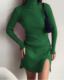 Winter Woman Knitted Dress Office Ladies Turtleneck Bodycon Dresses Split Mini Knitting Dress