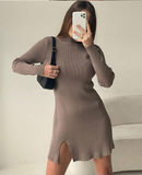 Winter Woman Knitted Dress Office Ladies Turtleneck Bodycon Dresses Split Mini Knitting Dress