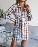 Long Sleeve Lace-Up Women Shirt Dress Single-Breasted Cotton Linen Autumn Print Dresses