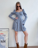 Slim Spring Autumn Puff Sleeves Printing Dress Female V-Neck Midi Chic Ruched Dresses