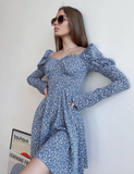 Slim Spring Autumn Puff Sleeves Printing Dress Female V-Neck Midi Chic Ruched Dresses