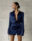 Spring Summer Satin Bodycon Dress Ladies Long Sleeve Slim Female Classy Mini Dress