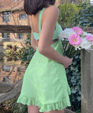 Green Square Collar Ruffle Edging Summer Women Dress Solid Color Slim Sling Dress