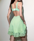 Green Square Collar Ruffle Edging Summer Women Dress Solid Color Slim Sling Dress