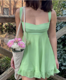 Green Square Collar Ruffle Edging Summer Women Dress Solid Color Slim Sling Dress