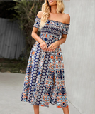 Floral Off Shoulder Puff Sleeve Maxi Dress Vintage Boho Holiday Slash Neck Waist Tight Split Dress