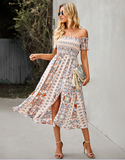 Floral Off Shoulder Puff Sleeve Maxi Dress Vintage Boho Holiday Slash Neck Waist Tight Split Dress