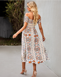 Floral Off Shoulder Puff Sleeve Maxi Dress Vintage Boho Holiday Slash Neck Waist Tight Split Dress