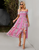 Floral Off Shoulder Puff Sleeve Maxi Dress Vintage Boho Holiday Slash Neck Waist Tight Split Dress