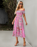Floral Off Shoulder Puff Sleeve Maxi Dress Vintage Boho Holiday Slash Neck Waist Tight Split Dress
