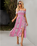 Floral Off Shoulder Puff Sleeve Maxi Dress Vintage Boho Holiday Slash Neck Waist Tight Split Dress