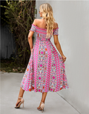 Floral Off Shoulder Puff Sleeve Maxi Dress Vintage Boho Holiday Slash Neck Waist Tight Split Dress
